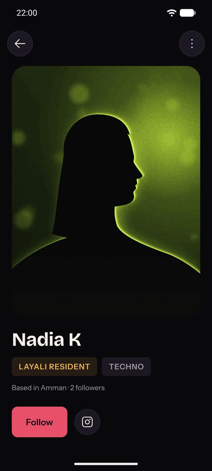 A DJ page in the Layali app: Nadia K, Layali resident, techno, based in Amman, with a Follow button.