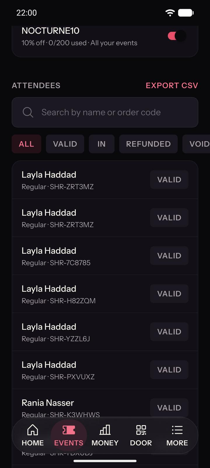 The attendee list in the partner hub: a promo code at the top, search, status filters, every ticket holder with their order code, and Export CSV.