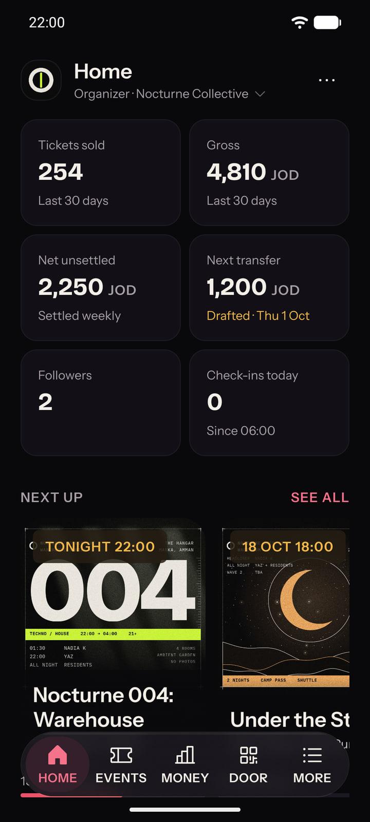 The partner hub's home in the Layali app: tickets sold, gross, net unsettled, the next transfer, followers and check-ins, then the next events.