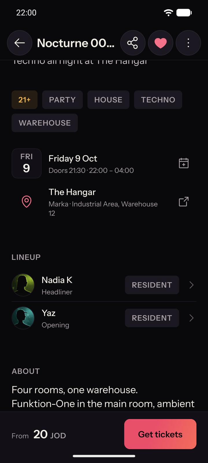 The body of an event page in the Layali app: the date tile with the doors and hours, The Hangar with a maps link, the lineup and the description.