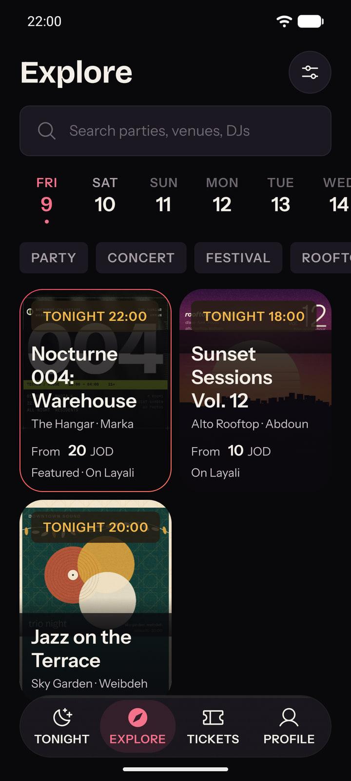 The Explore screen in the Layali app: search, the date scrubber over the next two weeks, the kind of night, and a grid of tonight's events.
