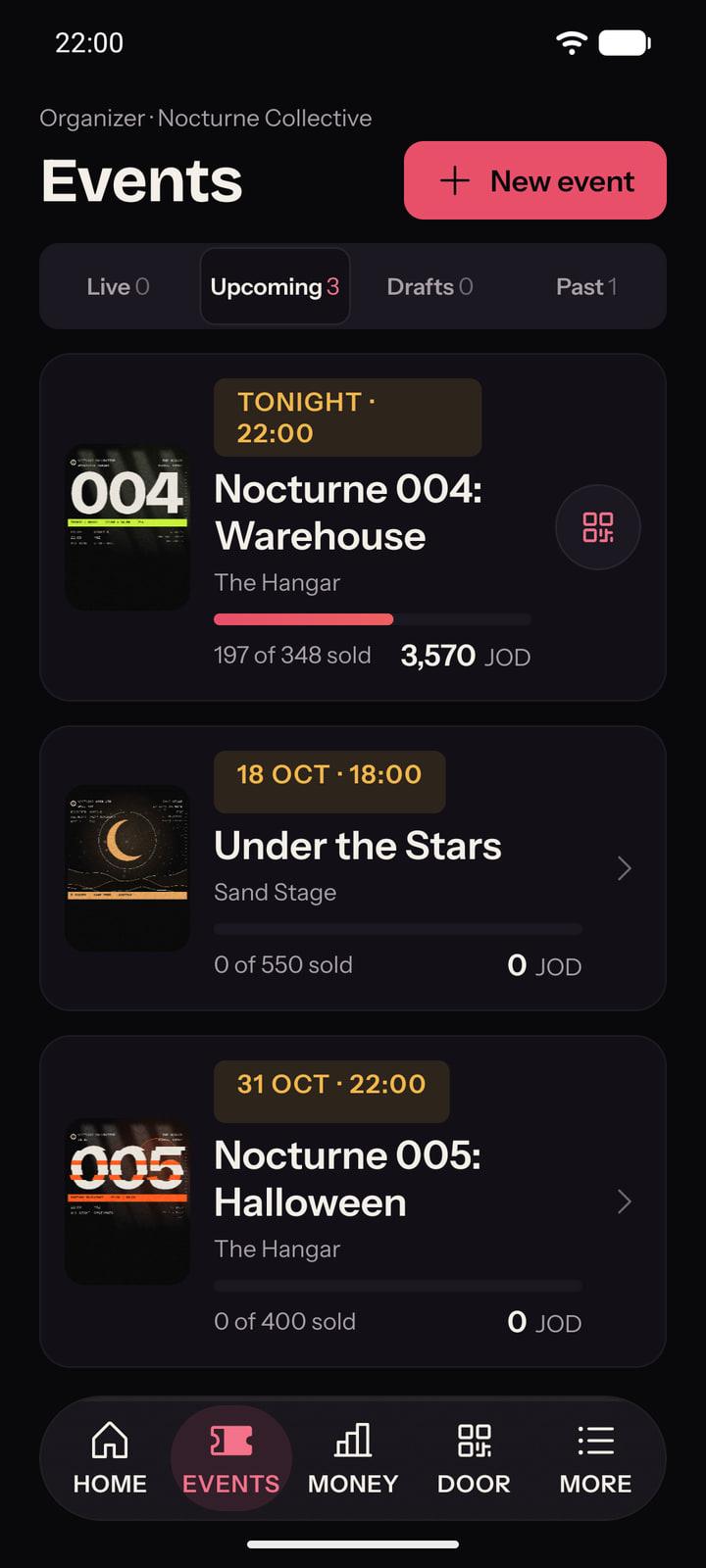 The partner hub's events list in the Layali app: live, upcoming, drafts and past, each with sold, total and gross.