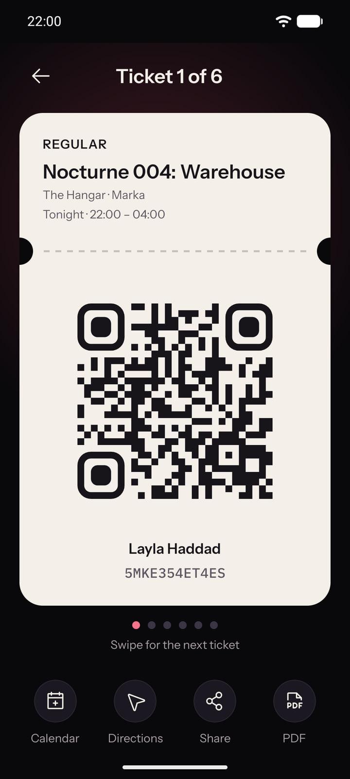 A ticket in the Layali app: the event, the time and the QR code that gets scanned at the door, with Calendar, Directions, Share and PDF beneath it.