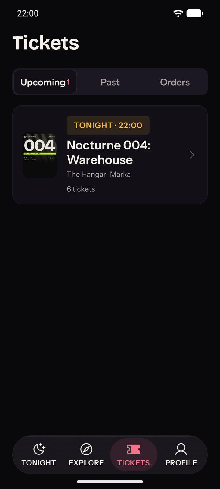 The Tickets tab in the Layali app: upcoming, past and orders, with tonight's ticket at the top.